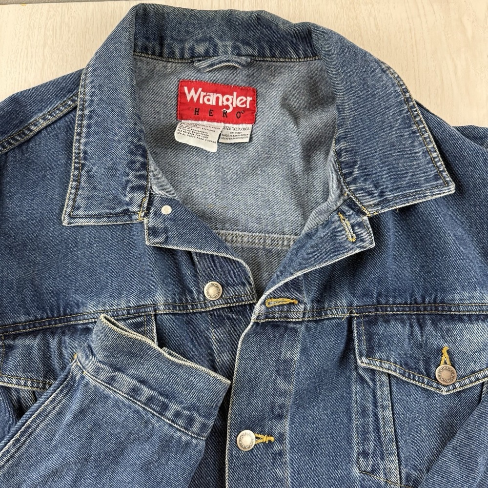 Vtg Wrangler Hero Mens Blue Denim Trucker Jacket XL Cotton Western Pockets